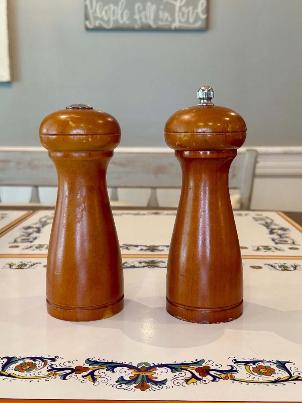 vintage-style wooden salt and pepper mill set